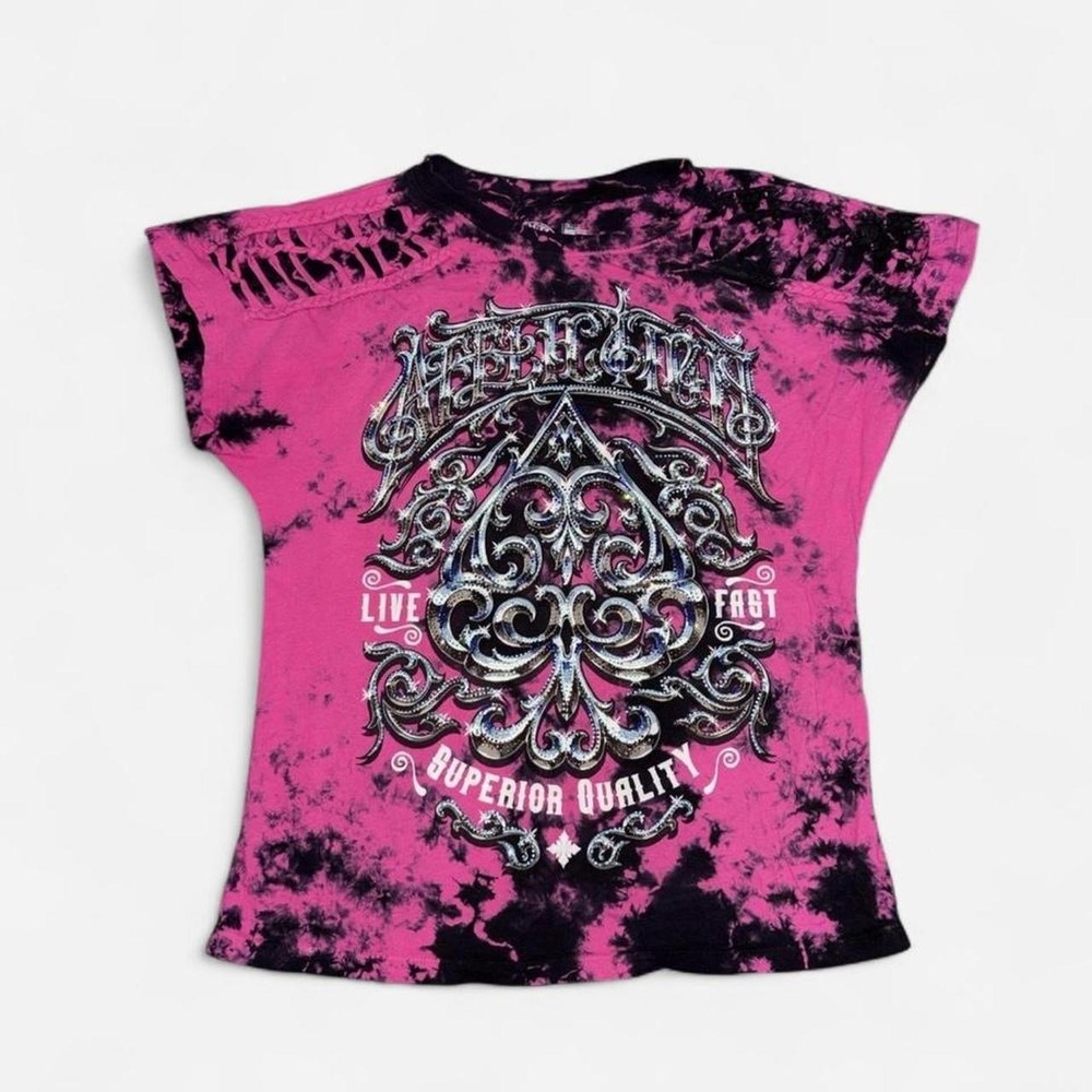Affliction Shirt Womens Pink Tie Dye Rhinestone bedazzle Live Fast Braided Y2K